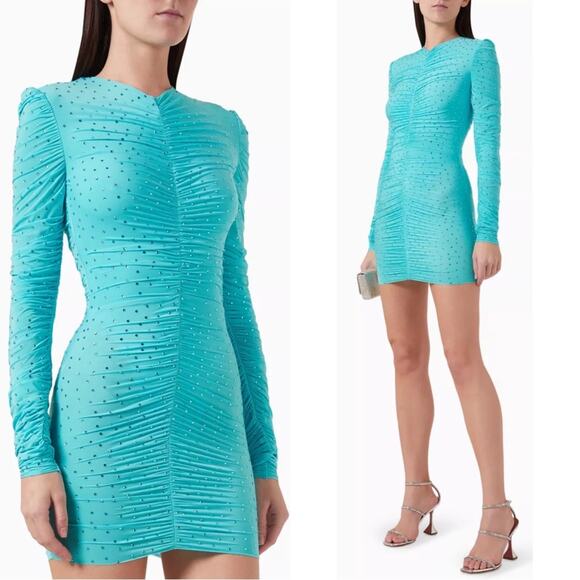 Alex Perry Crystal Embellished Ruched Jersey Long Sleeve Blue Mini Dress Sz 4 - Picture 3 of 15
